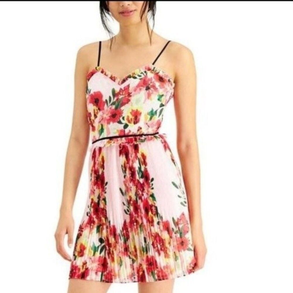 Foxiedox Anthropologie floral pink pleated ruffle sleeveless dress Small NWT